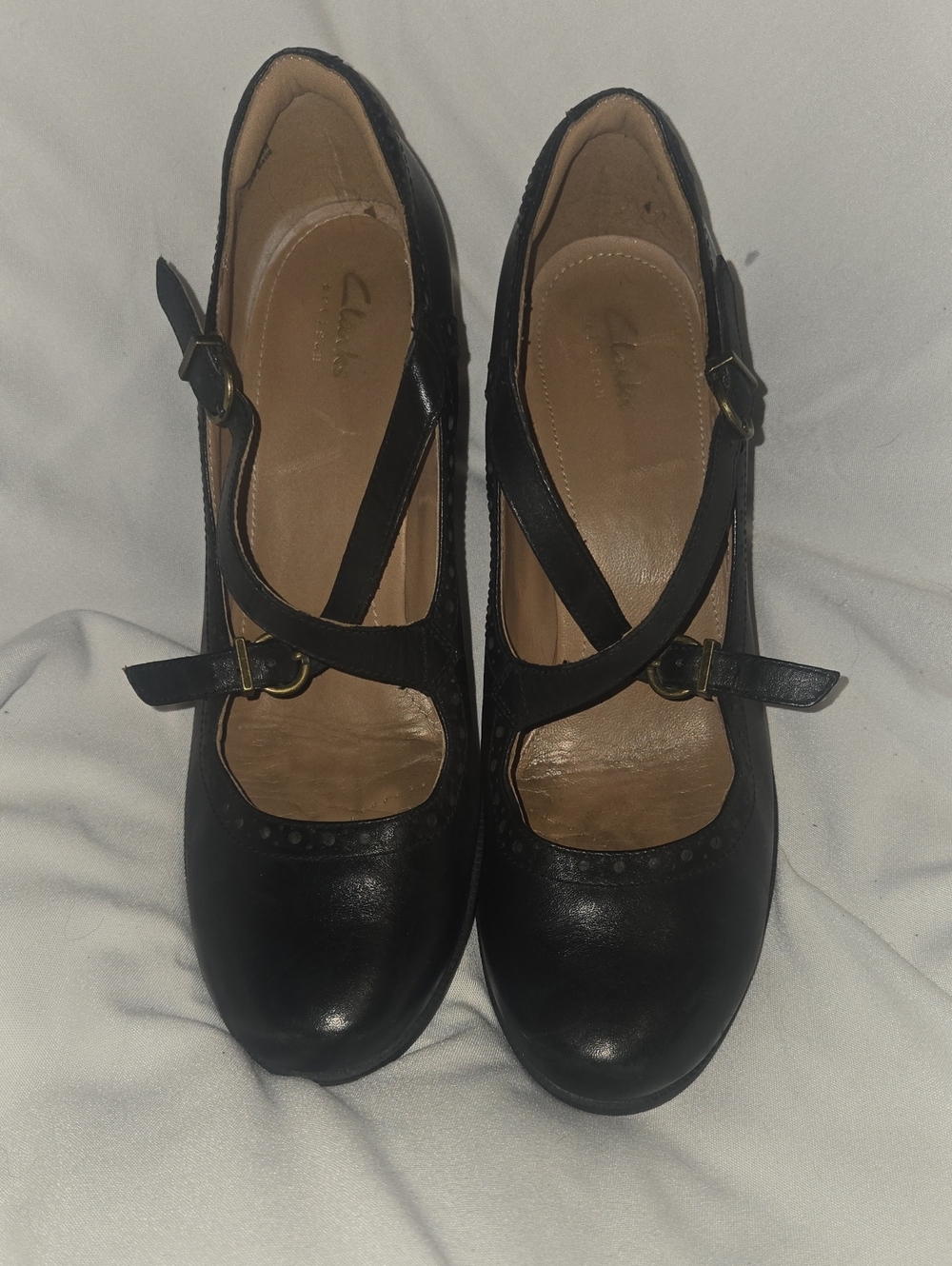 Clarks Black Leather Mary Jane Heels with Cross Strap